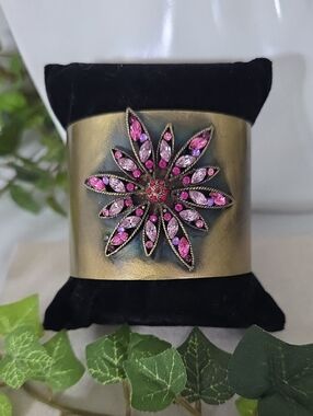 Vintage Antiqued Brass Wide Cuff Bracelet | Pink & Fuchsia Crystal Flower Bangle